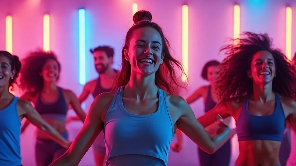 An energetic young dance fitness class moving together in a neon-lit studio
