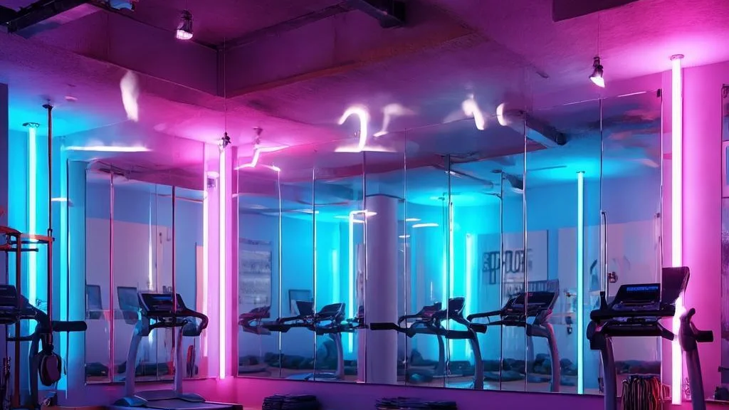 Vibrant neon dance studio with mirrors set up for a cardio class