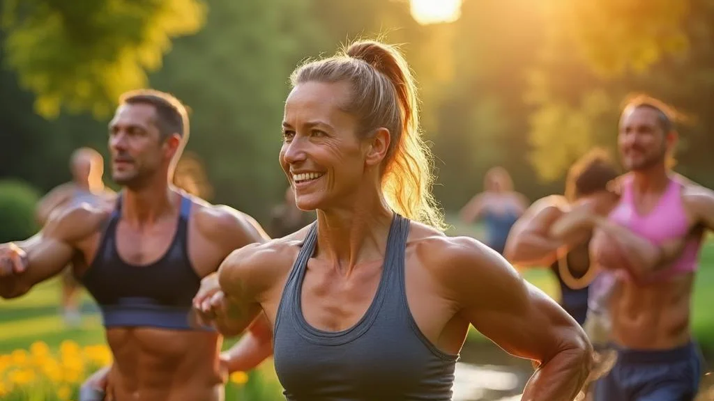 Functional group workout outdoors at golden hour